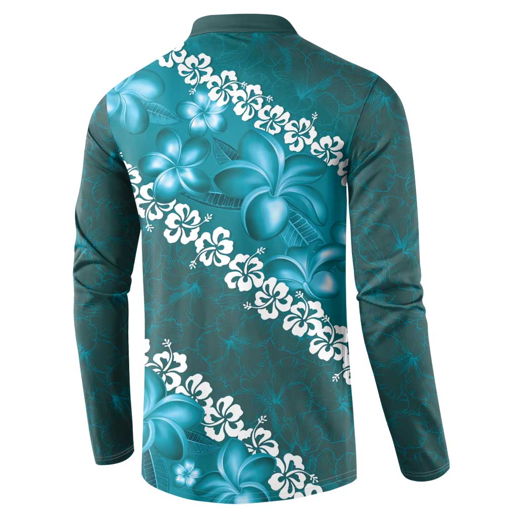 Vintage Dark Cyan Polynesia Button Sweatshirt Plumeria With Hibiscus Tropical Vibes