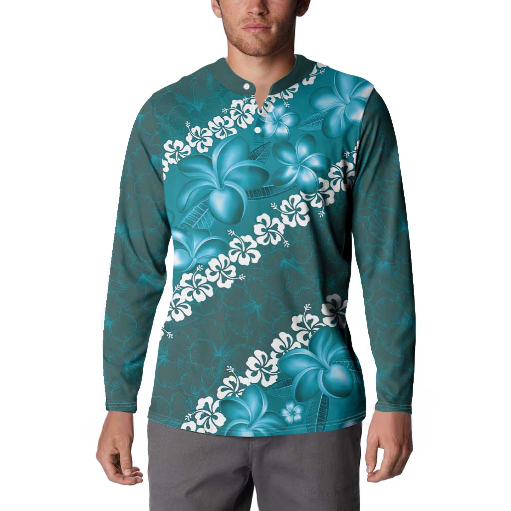 Vintage Dark Cyan Polynesia Button Sweatshirt Plumeria With Hibiscus Tropical Vibes