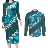 Vintage Dark Cyan Polynesia Couples Matching Long Sleeve Bodycon Dress and Long Sleeve Button Shirt Plumeria With Hibiscus Tropical Vibes