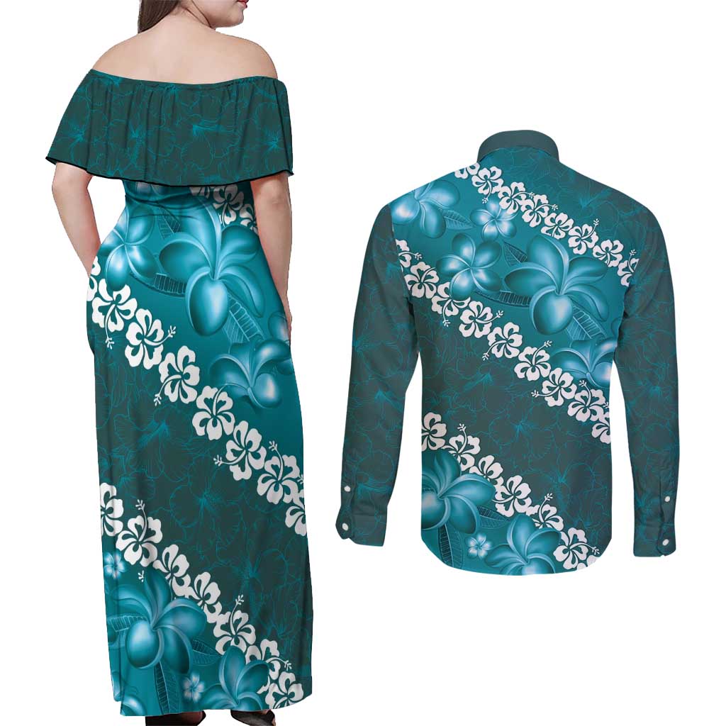 Vintage Dark Cyan Polynesia Couples Matching Off Shoulder Maxi Dress and Long Sleeve Button Shirt Plumeria With Hibiscus Tropical Vibes