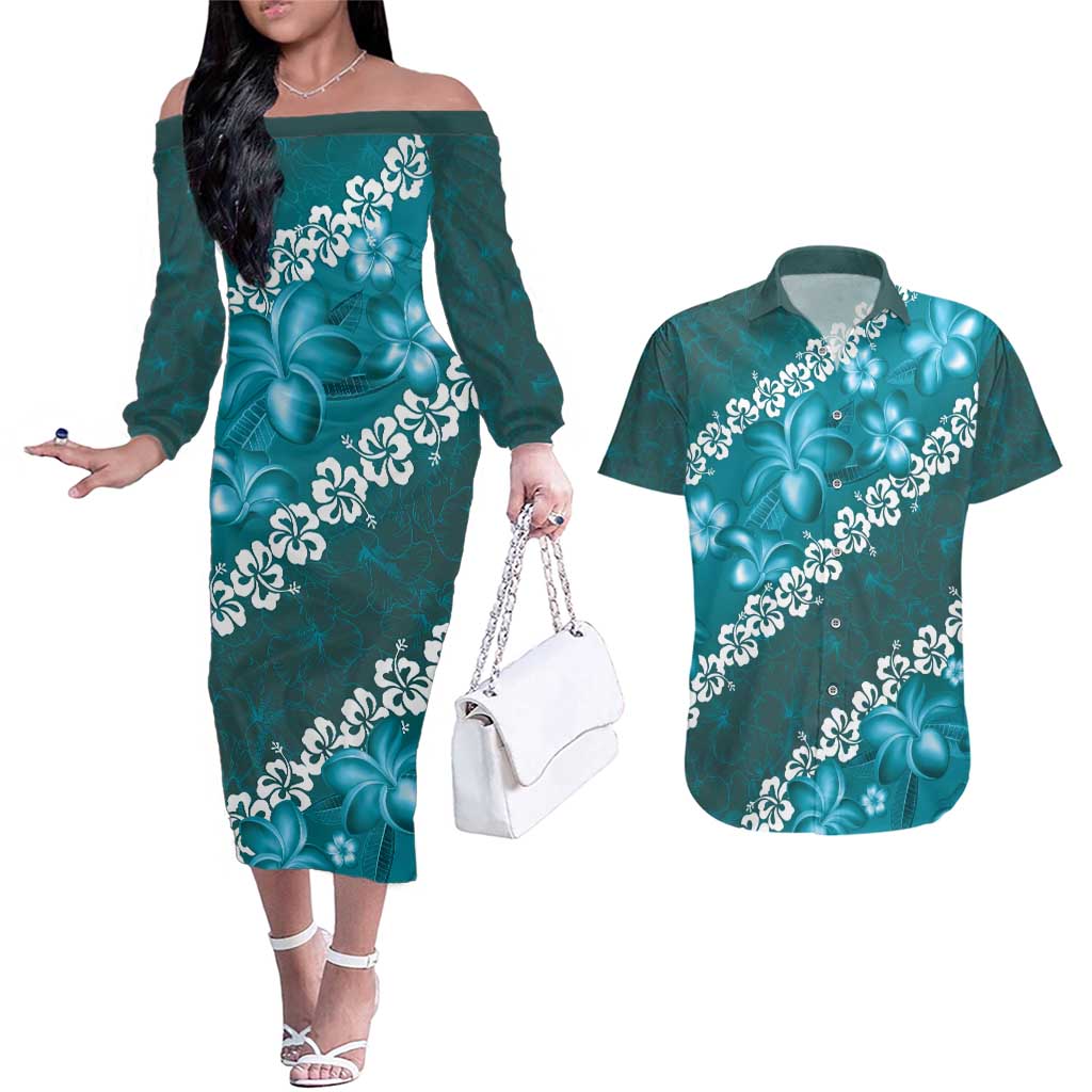 Vintage Dark Cyan Polynesia Couples Matching Off The Shoulder Long Sleeve Dress and Hawaiian Shirt Plumeria With Hibiscus Tropical Vibes LT14 Dark Cyan - Polynesian Pride