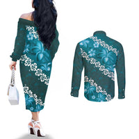 Vintage Dark Cyan Polynesia Couples Matching Off The Shoulder Long Sleeve Dress and Long Sleeve Button Shirt Plumeria With Hibiscus Tropical Vibes