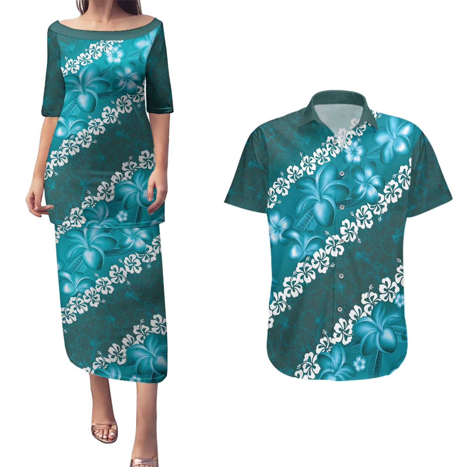 Vintage Dark Cyan Polynesia Couples Matching Puletasi and Hawaiian Shirt Plumeria With Hibiscus Tropical Vibes LT14 Dark Cyan - Polynesian Pride