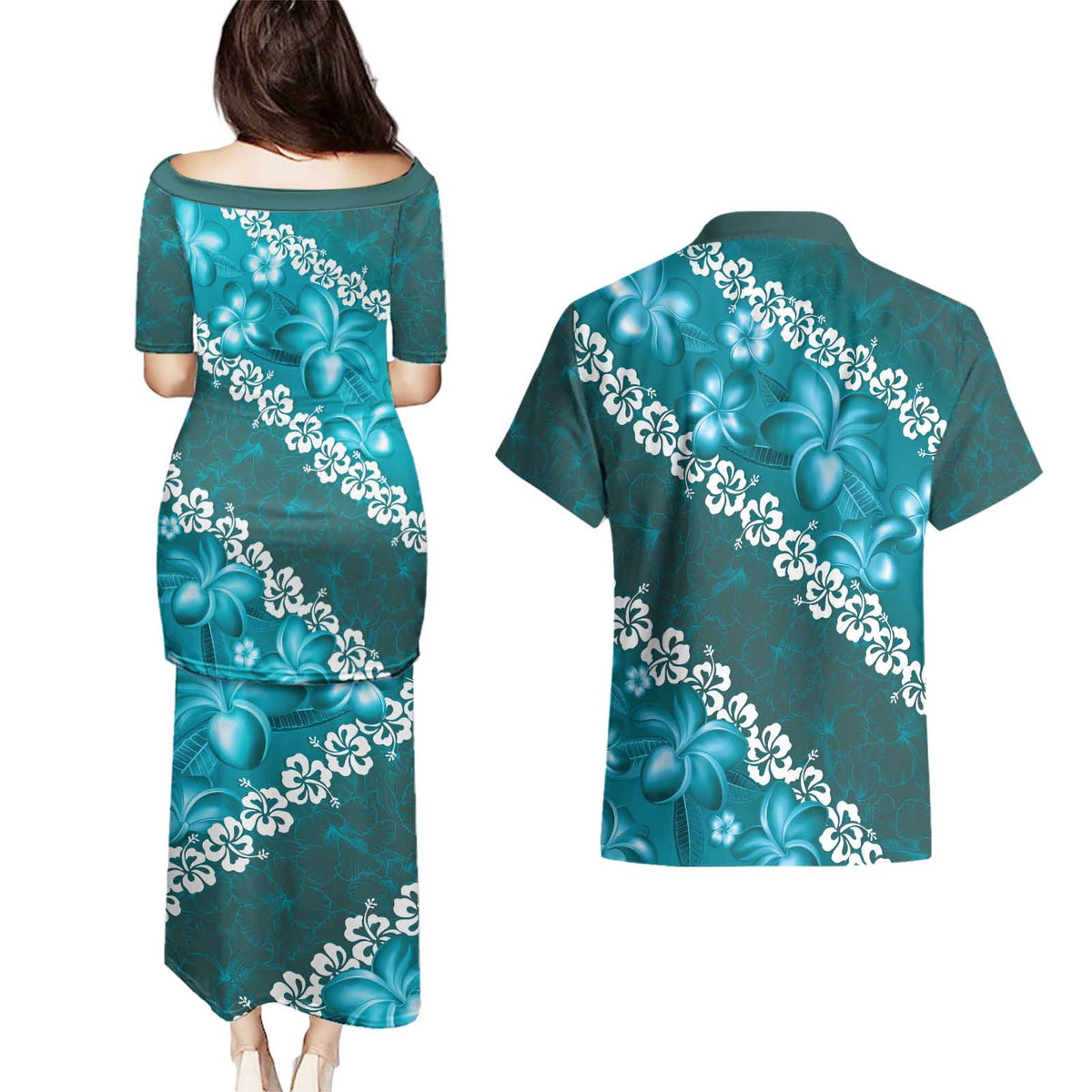 Vintage Dark Cyan Polynesia Couples Matching Puletasi and Hawaiian Shirt Plumeria With Hibiscus Tropical Vibes