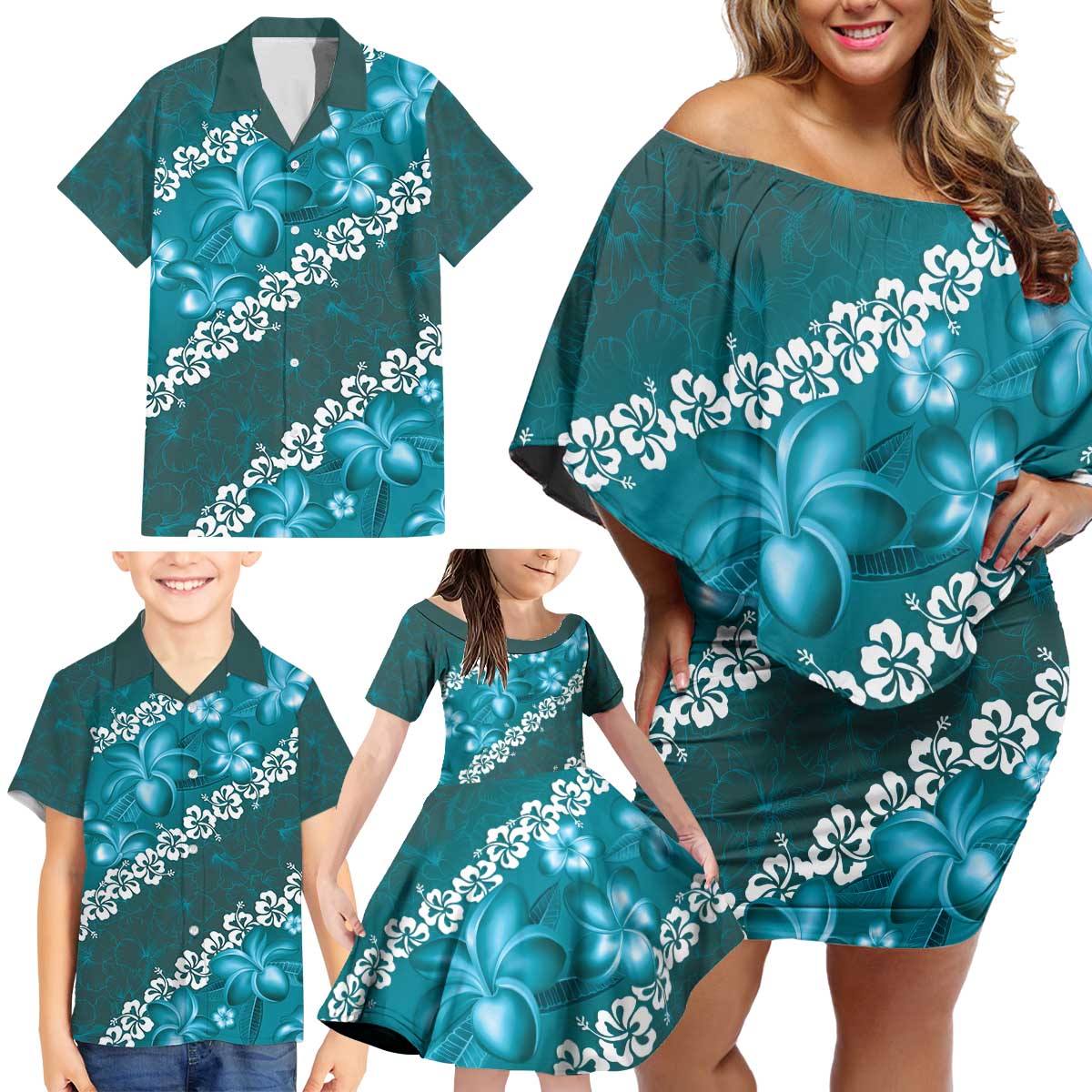 Vintage Dark Cyan Polynesia Family Matching Off Shoulder Short Dress and Hawaiian Shirt Plumeria With Hibiscus Tropical Vibes LT14 - Polynesian Pride