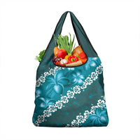 Vintage Dark Cyan Polynesia Grocery Bag Plumeria With Hibiscus Tropical Vibes