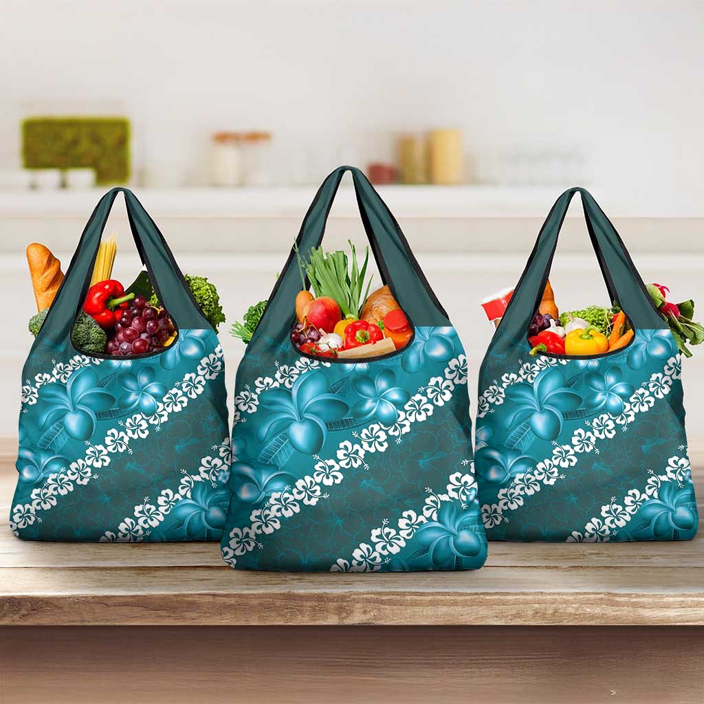 Vintage Dark Cyan Polynesia Grocery Bag Plumeria With Hibiscus Tropical Vibes