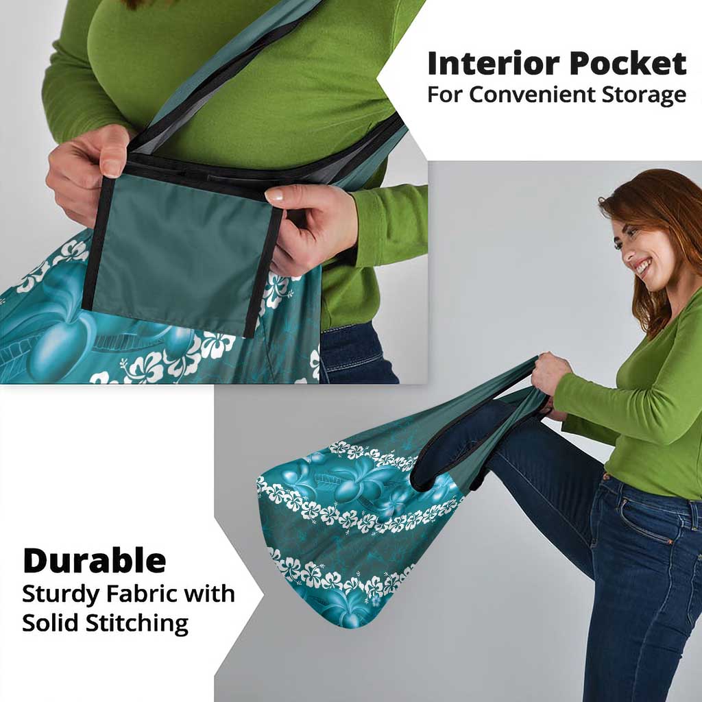 Vintage Dark Cyan Polynesia Grocery Bag Plumeria With Hibiscus Tropical Vibes