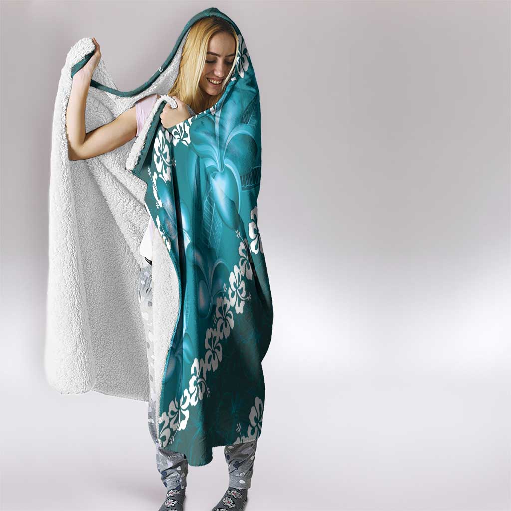 Vintage Dark Cyan Polynesia Hooded Blanket Plumeria With Hibiscus Tropical Vibes