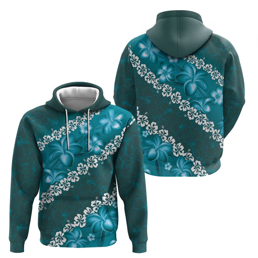 Vintage Dark Cyan Polynesia Hoodie Plumeria With Hibiscus Tropical Vibes