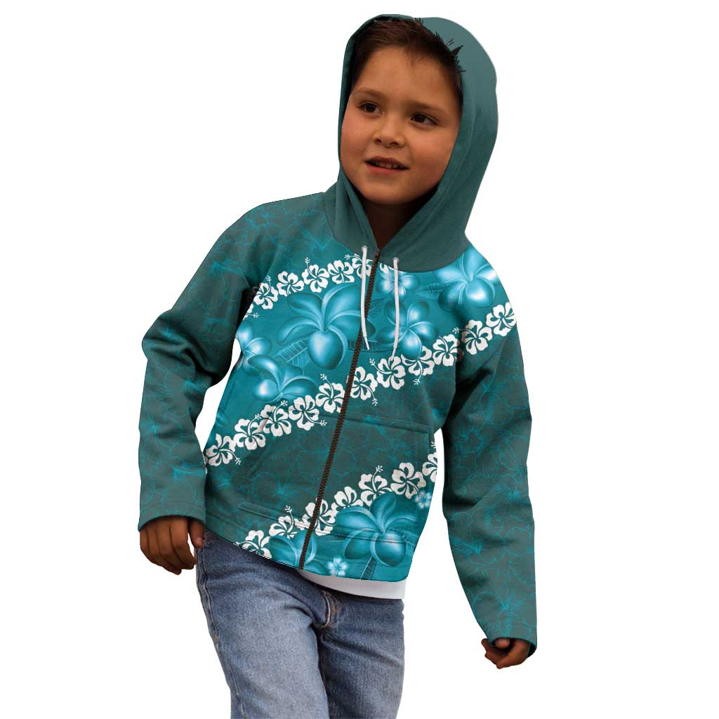 Vintage Dark Cyan Polynesia Kid Hoodie Plumeria With Hibiscus Tropical Vibes