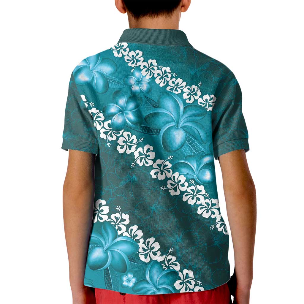 Vintage Dark Cyan Polynesia Kid Polo Shirt Plumeria With Hibiscus Tropical Vibes
