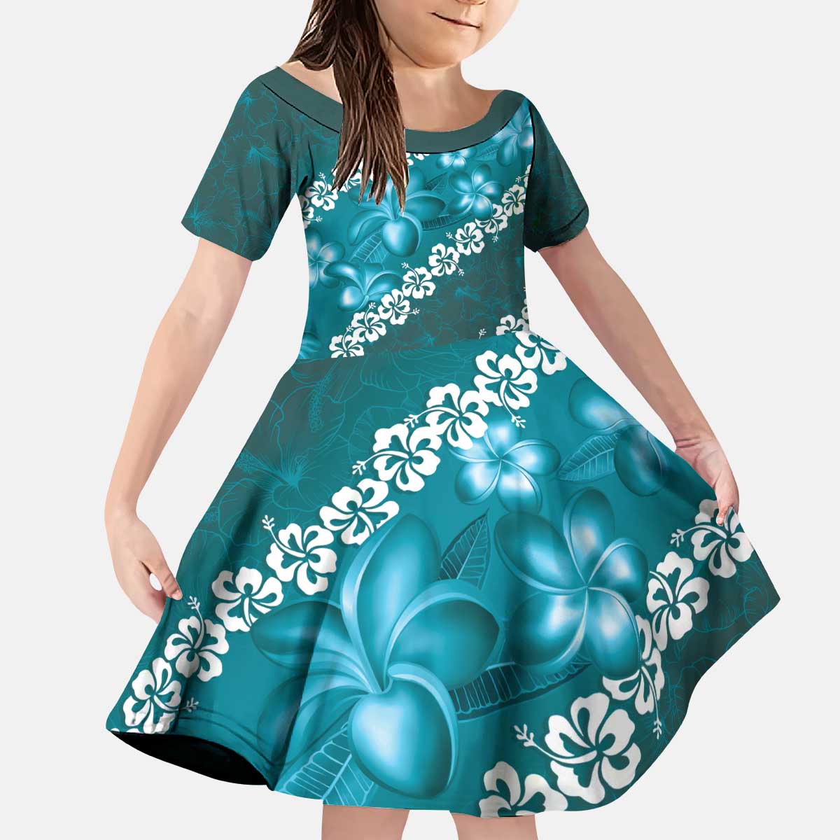 Vintage Dark Cyan Polynesia Kid Short Sleeve Dress Plumeria With Hibiscus Tropical Vibes