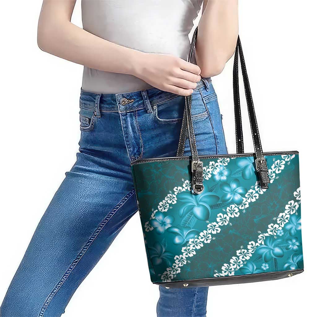 Vintage Dark Cyan Polynesia Leather Tote Bag Plumeria With Hibiscus Tropical Vibes