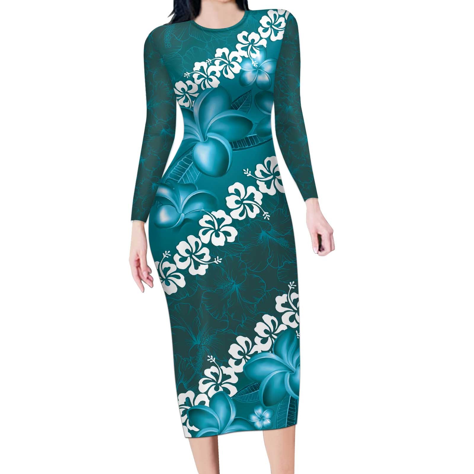 Vintage Dark Cyan Polynesia Long Sleeve Bodycon Dress Plumeria With Hibiscus Tropical Vibes LT14 Long Dress Dark Cyan - Polynesian Pride