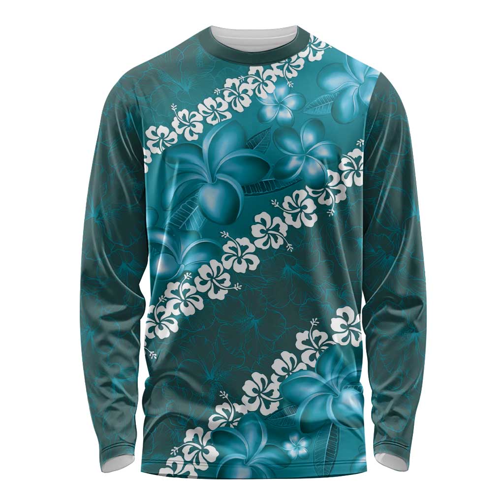 Vintage Dark Cyan Polynesia Long Sleeve Shirt Plumeria With Hibiscus Tropical Vibes LT14 Unisex Dark Cyan - Polynesian Pride