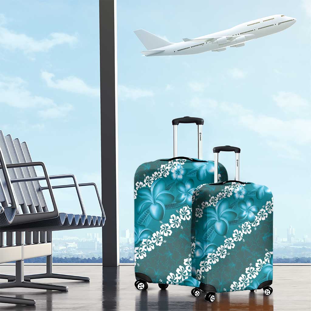 Vintage Dark Cyan Polynesia Luggage Cover Plumeria With Hibiscus Tropical Vibes
