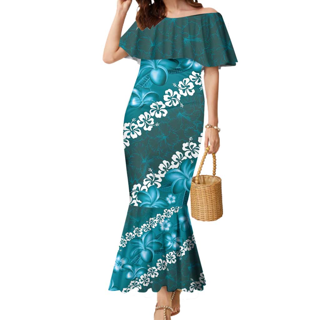 Vintage Dark Cyan Polynesia Mermaid Dress Plumeria With Hibiscus Tropical Vibes LT14 Women Dark Cyan - Polynesian Pride