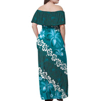Vintage Dark Cyan Polynesia Off Shoulder Maxi Dress Plumeria With Hibiscus Tropical Vibes