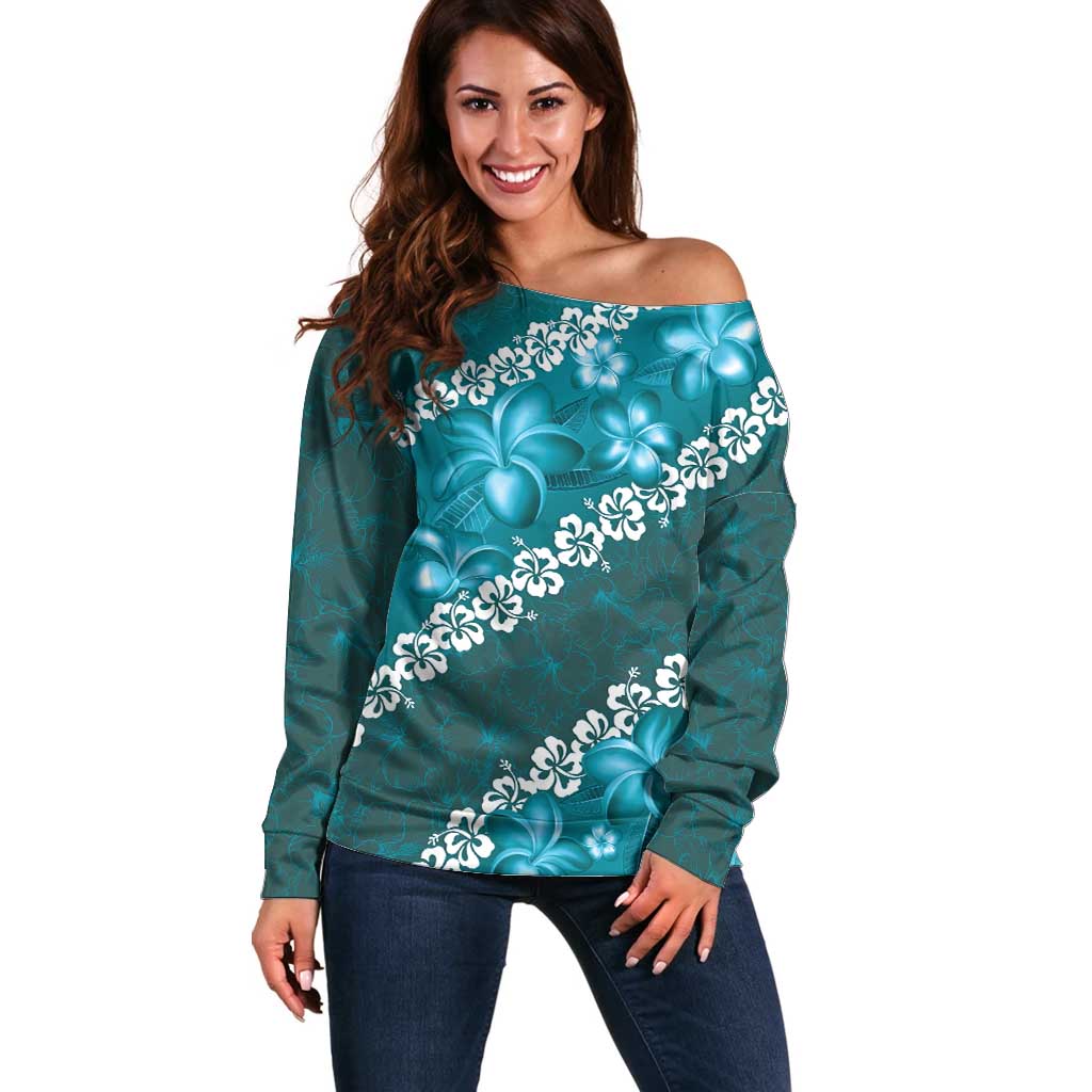 Vintage Dark Cyan Polynesia Off Shoulder Sweater Plumeria With Hibiscus Tropical Vibes LT14 Women Dark Cyan - Polynesian Pride