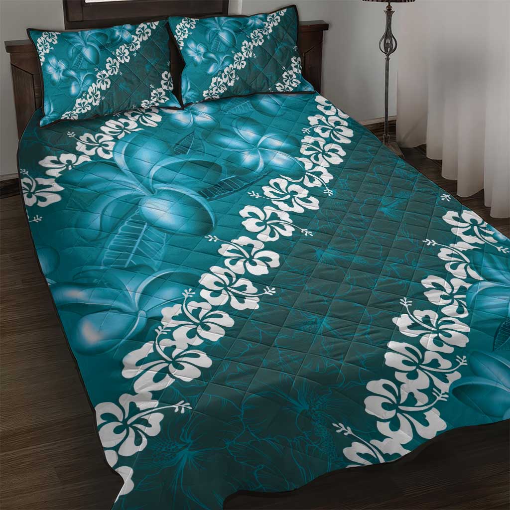 Vintage Dark Cyan Polynesia Quilt Bed Set Plumeria With Hibiscus Tropical Vibes LT14 Dark Cyan - Polynesian Pride