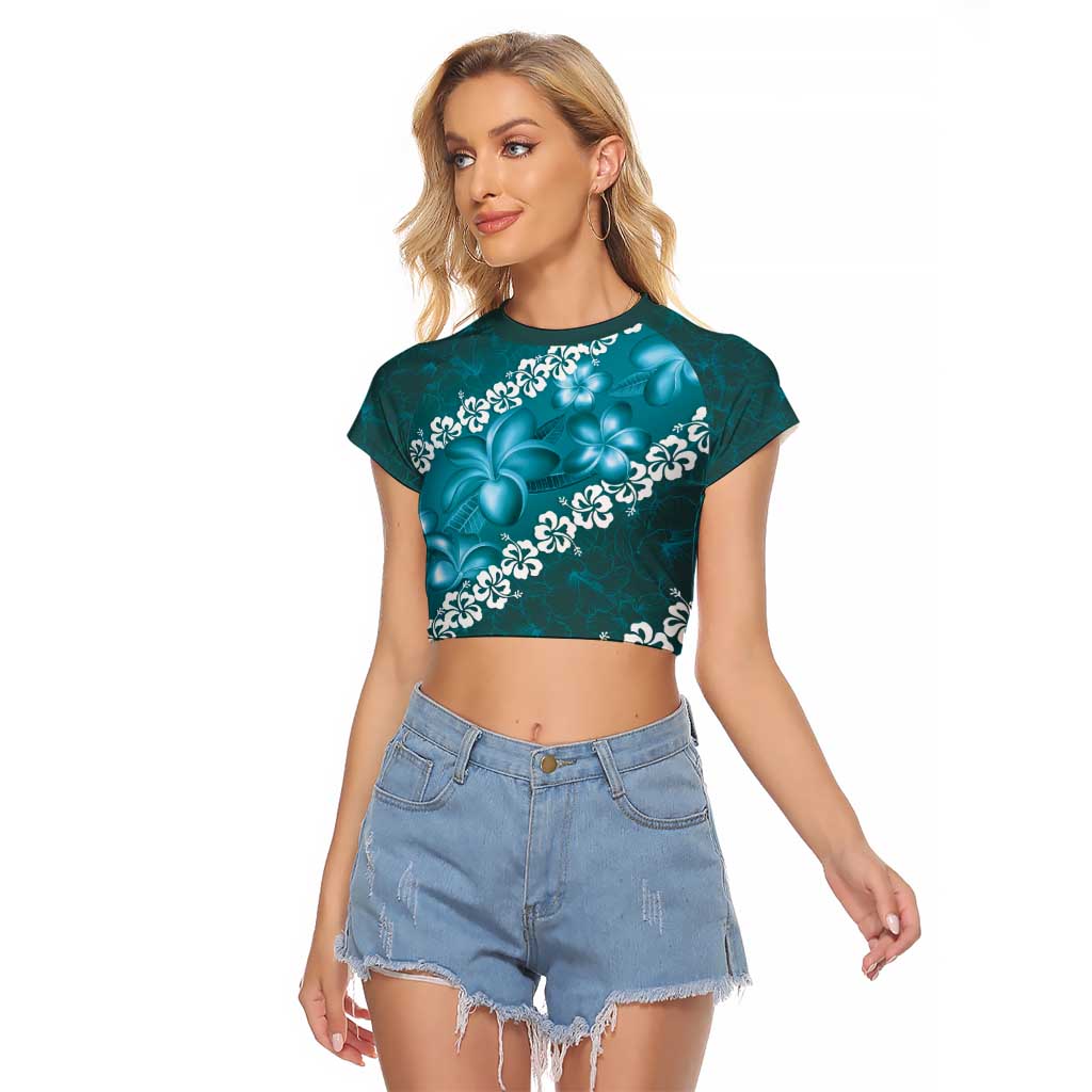 Vintage Dark Cyan Polynesia Raglan Cropped T Shirt Plumeria With Hibiscus Tropical Vibes LT14 Female Dark Cyan - Polynesian Pride