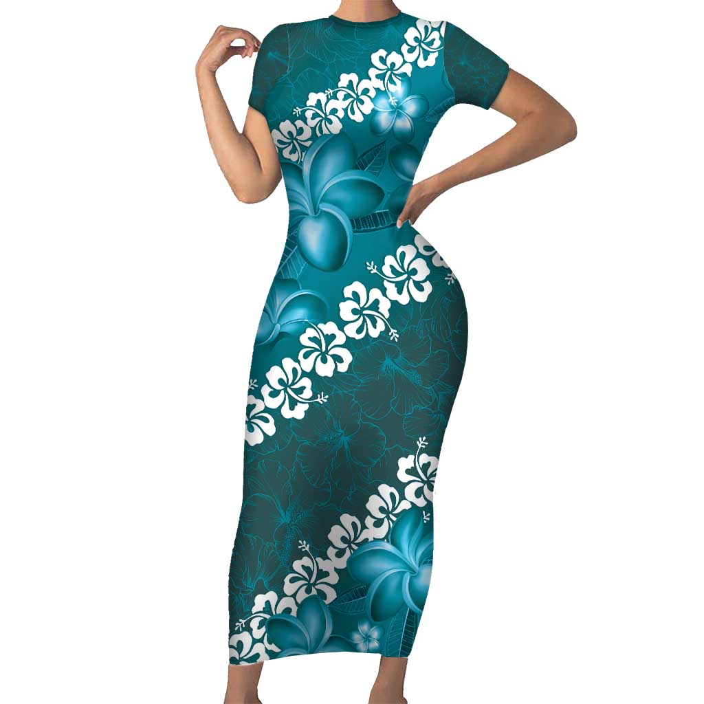 Vintage Dark Cyan Polynesia Short Sleeve Bodycon Dress Plumeria With Hibiscus Tropical Vibes LT14 Long Dress Dark Cyan - Polynesian Pride