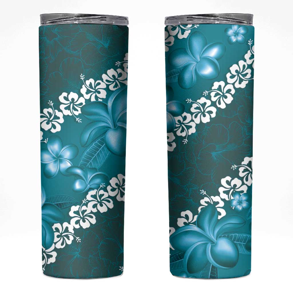 Vintage Dark Cyan Polynesia Skinny Tumbler Plumeria With Hibiscus Tropical Vibes LT14 Dark Cyan - Polynesian Pride
