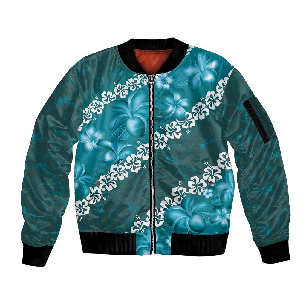 Vintage Dark Cyan Polynesia Sleeve Zip Bomber Jacket Plumeria With Hibiscus Tropical Vibes LT14 Unisex Dark Cyan - Polynesian Pride