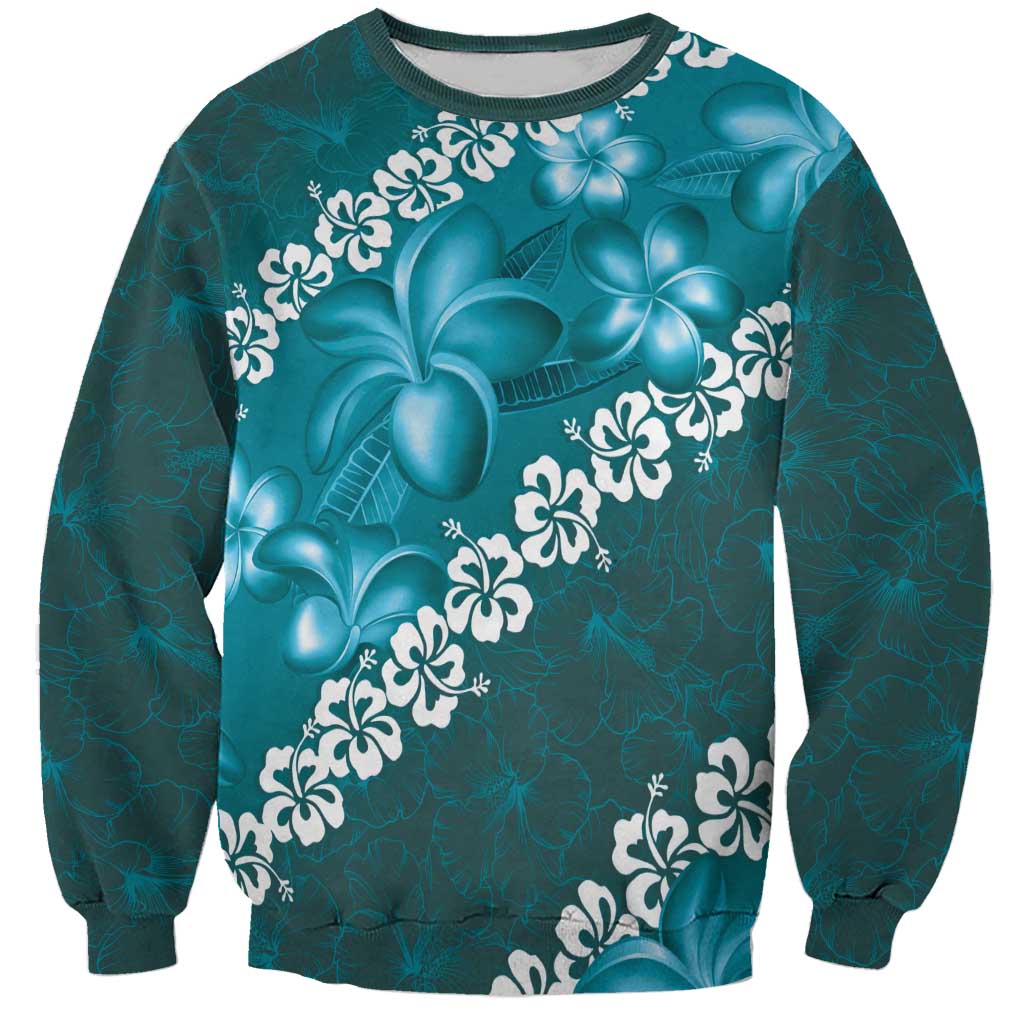 Vintage Dark Cyan Polynesia Sweatshirt Plumeria With Hibiscus Tropical Vibes