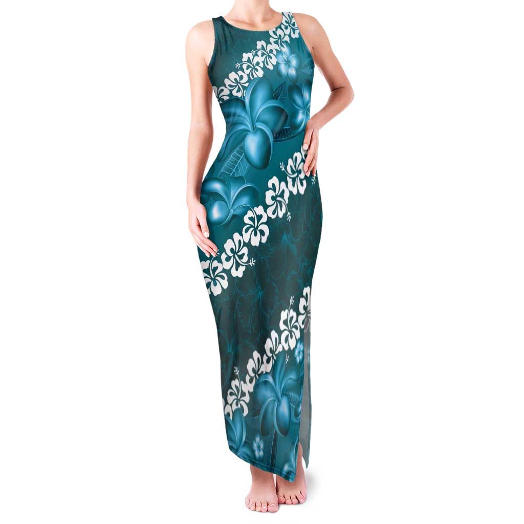 Vintage Dark Cyan Polynesia Tank Maxi Dress Plumeria With Hibiscus Tropical Vibes