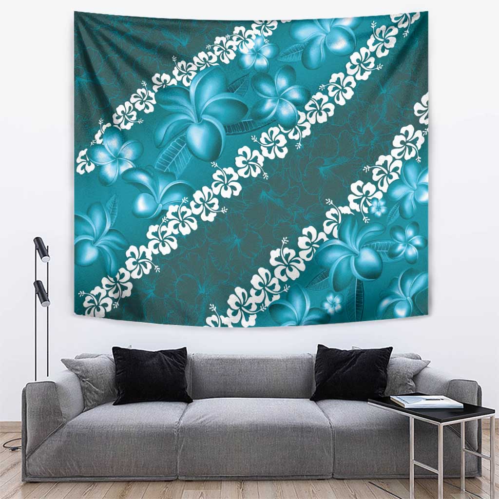 Vintage Dark Cyan Polynesia Tapestry Plumeria With Hibiscus Tropical Vibes LT14 Dark Cyan - Polynesian Pride