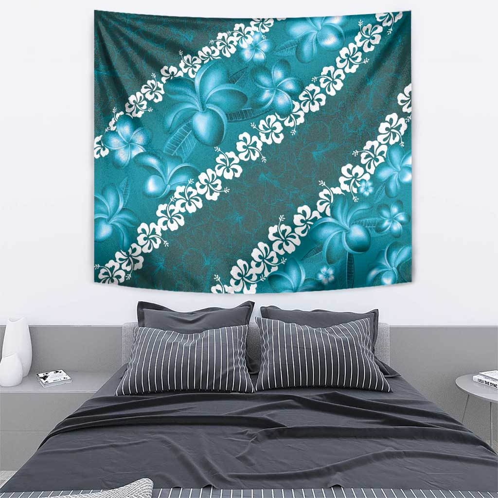 Vintage Dark Cyan Polynesia Tapestry Plumeria With Hibiscus Tropical Vibes