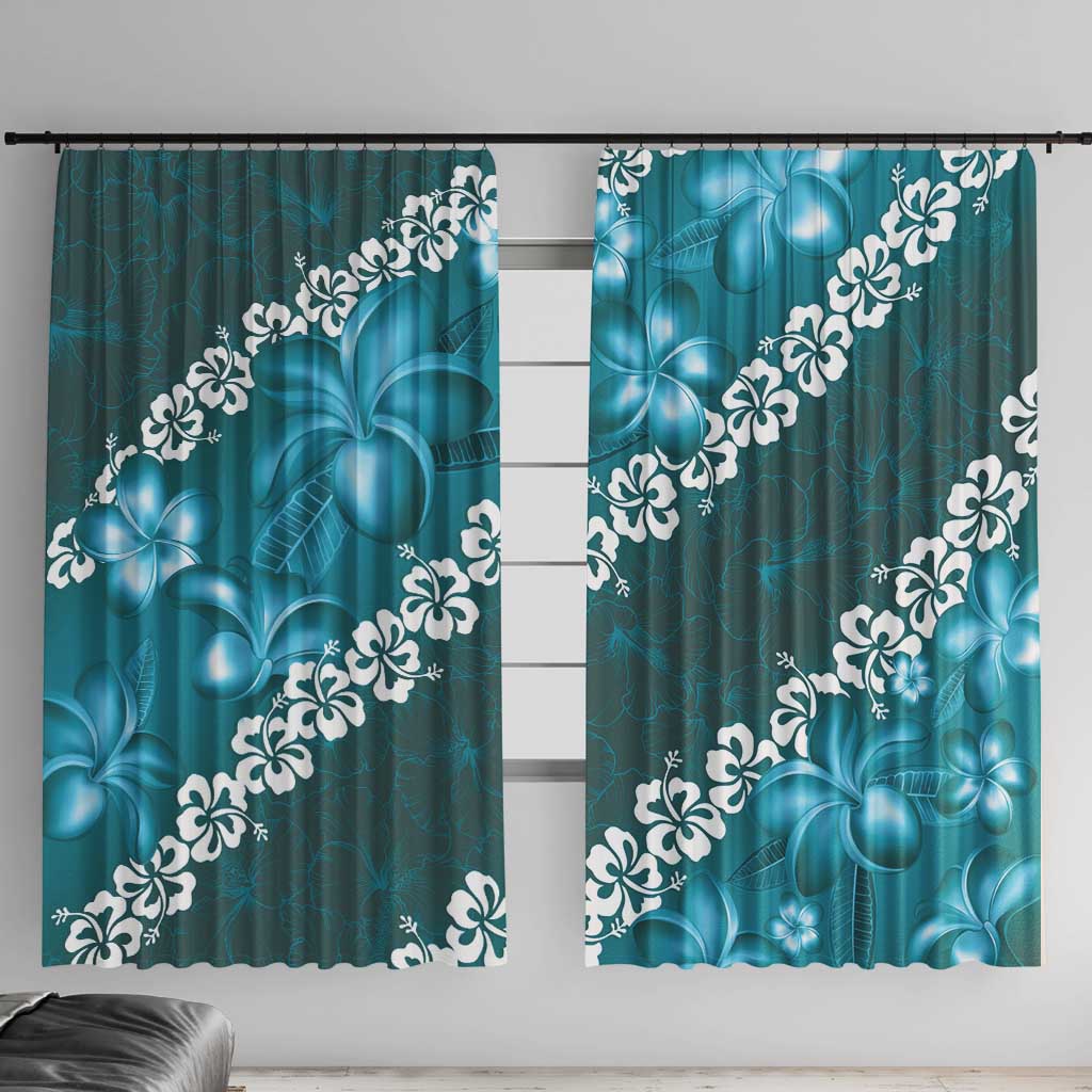 Vintage Dark Cyan Polynesia Window Curtain Plumeria With Hibiscus Tropical Vibes LT14 With Hooks Dark Cyan - Polynesian Pride