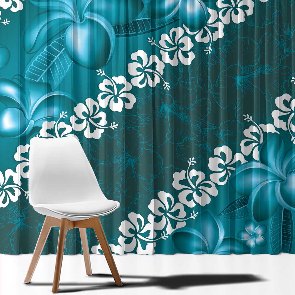 Vintage Dark Cyan Polynesia Window Curtain Plumeria With Hibiscus Tropical Vibes