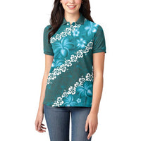 Vintage Dark Cyan Polynesia Women Polo Shirt Plumeria With Hibiscus Tropical Vibes