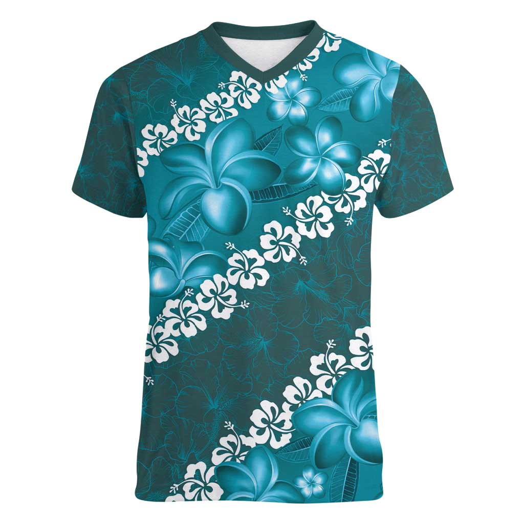 Vintage Dark Cyan Polynesia Women V-Neck T-Shirt Plumeria With Hibiscus Tropical Vibes