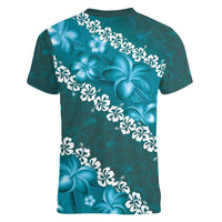 Vintage Dark Cyan Polynesia Women V-Neck T-Shirt Plumeria With Hibiscus Tropical Vibes