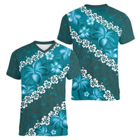 Vintage Dark Cyan Polynesia Women V-Neck T-Shirt Plumeria With Hibiscus Tropical Vibes