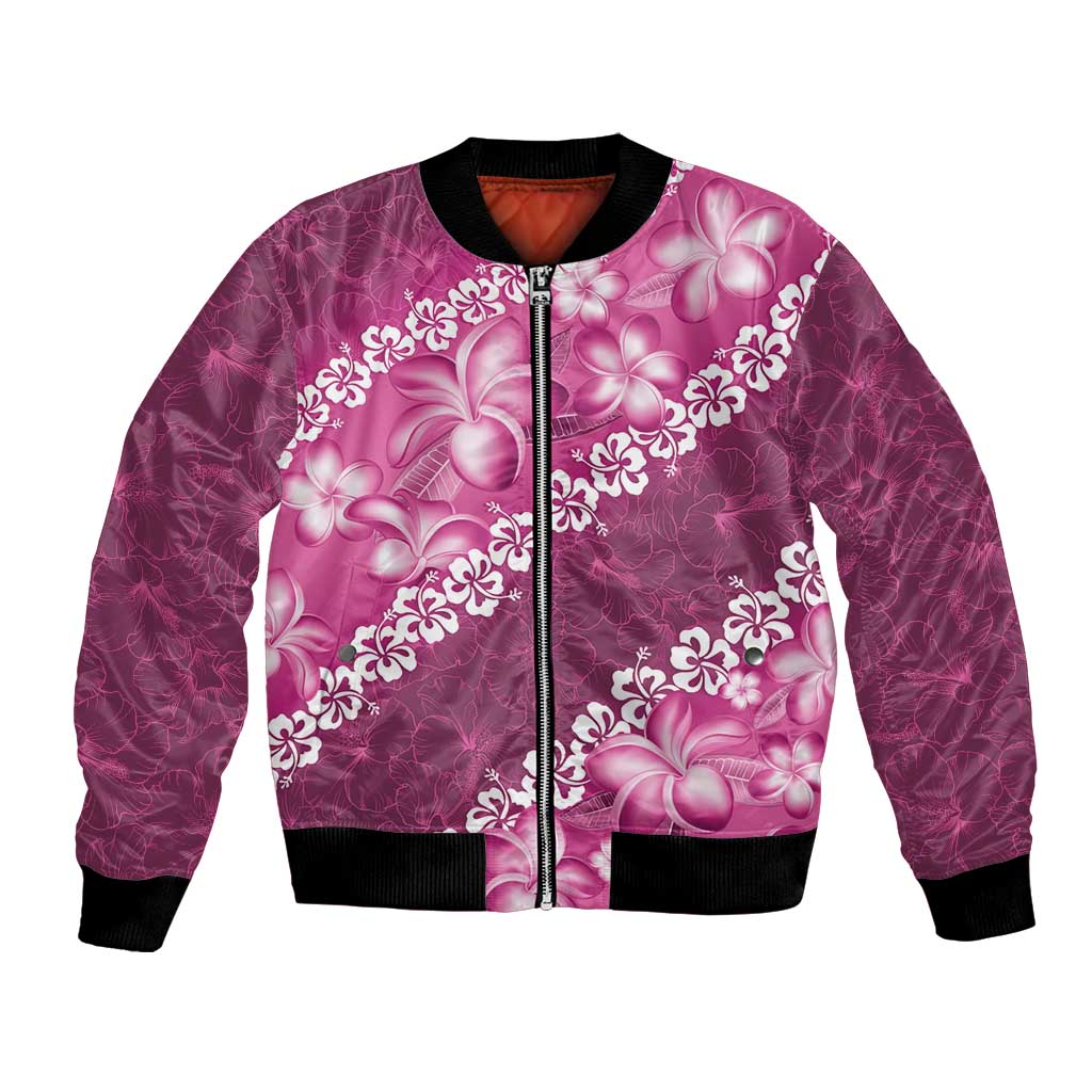 Vintage Pink Polynesia Bomber Jacket Plumeria With Hibiscus Tropical Vibes LT14 Unisex Pink - Polynesian Pride