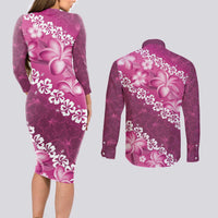 Vintage Pink Polynesia Couples Matching Long Sleeve Bodycon Dress and Long Sleeve Button Shirt Plumeria With Hibiscus Tropical Vibes