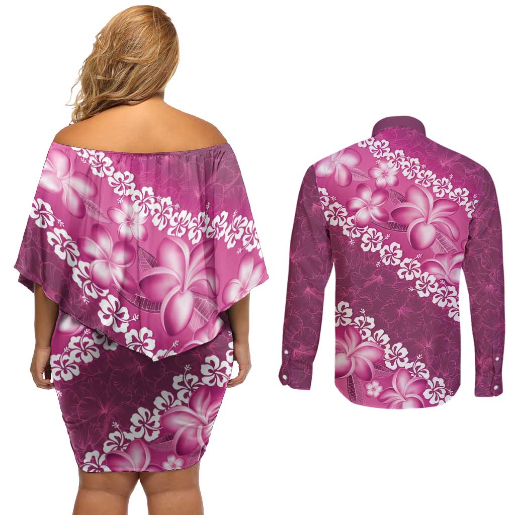 Vintage Pink Polynesia Couples Matching Off Shoulder Short Dress and Long Sleeve Button Shirt Plumeria With Hibiscus Tropical Vibes