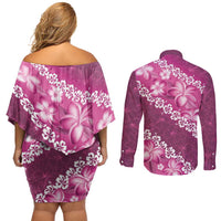 Vintage Pink Polynesia Couples Matching Off Shoulder Short Dress and Long Sleeve Button Shirt Plumeria With Hibiscus Tropical Vibes