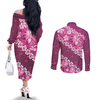 Vintage Pink Polynesia Couples Matching Off The Shoulder Long Sleeve Dress and Long Sleeve Button Shirt Plumeria With Hibiscus Tropical Vibes