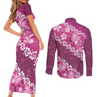 Vintage Pink Polynesia Couples Matching Short Sleeve Bodycon Dress and Long Sleeve Button Shirt Plumeria With Hibiscus Tropical Vibes