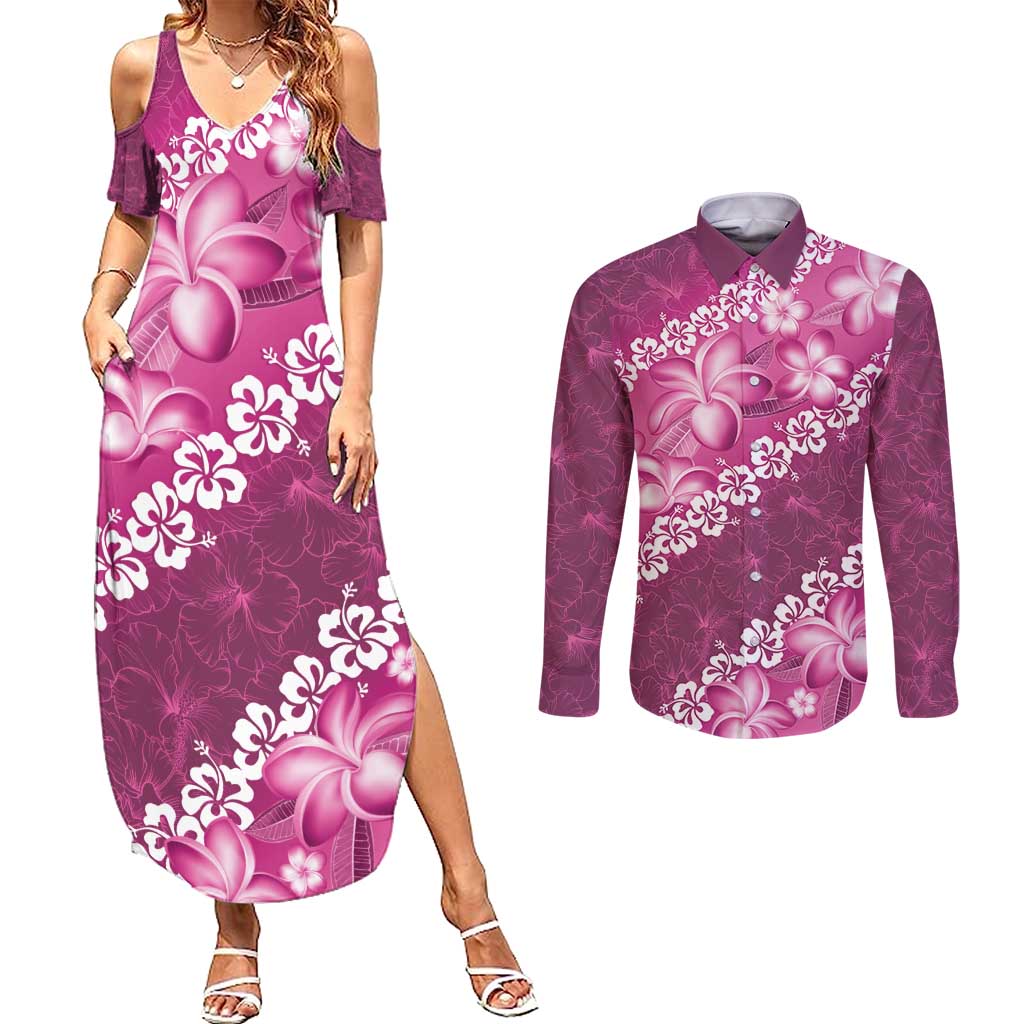 Vintage Pink Polynesia Couples Matching Summer Maxi Dress and Long Sleeve Button Shirt Plumeria With Hibiscus Tropical Vibes