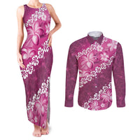 Vintage Pink Polynesia Couples Matching Tank Maxi Dress and Long Sleeve Button Shirt Plumeria With Hibiscus Tropical Vibes