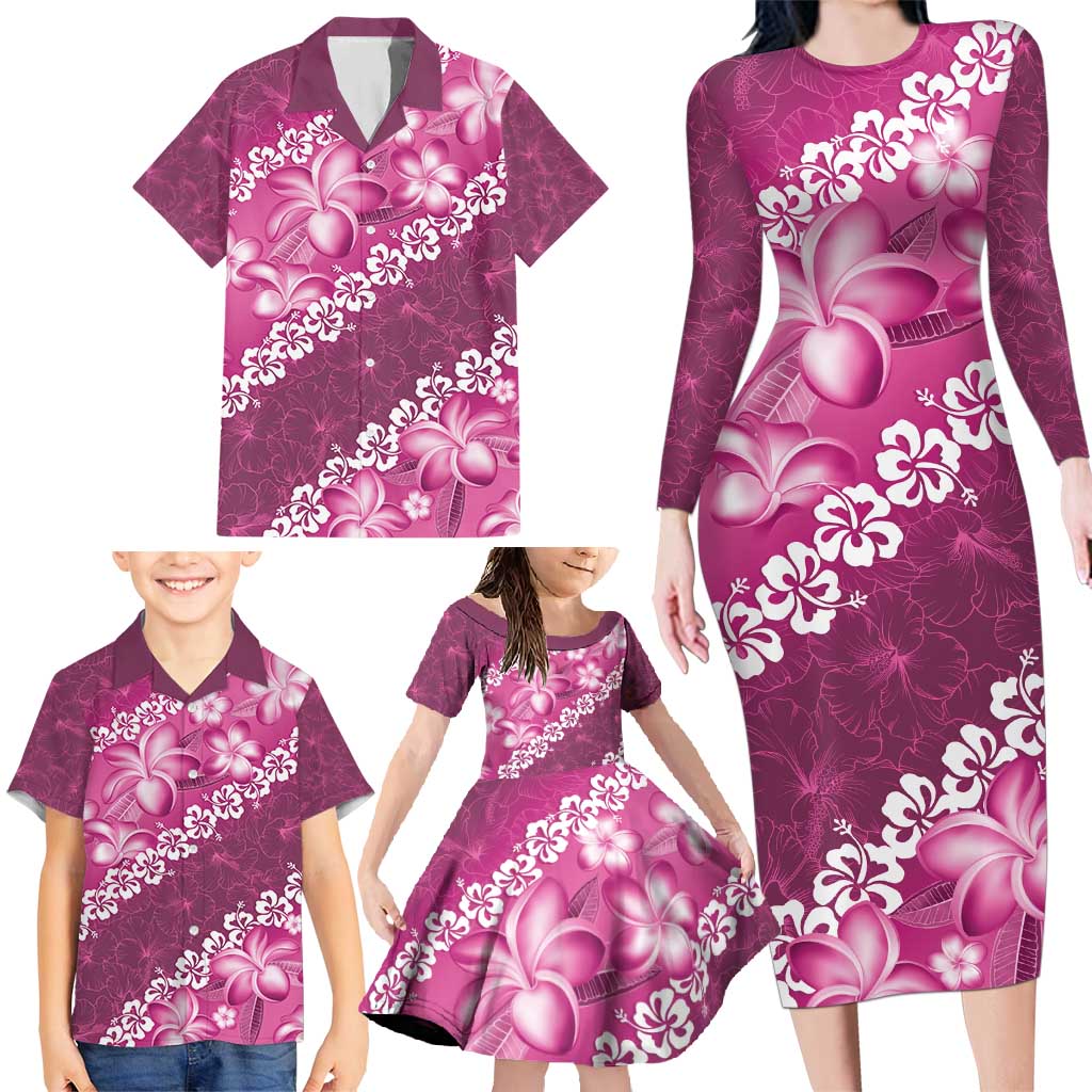 Vintage Pink Polynesia Family Matching Long Sleeve Bodycon Dress and Hawaiian Shirt Plumeria With Hibiscus Tropical Vibes LT14 - Polynesian Pride
