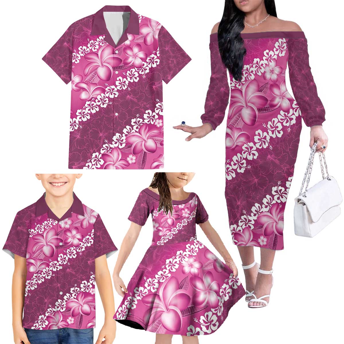 Vintage Pink Polynesia Family Matching Off The Shoulder Long Sleeve Dress and Hawaiian Shirt Plumeria With Hibiscus Tropical Vibes LT14 - Polynesian Pride