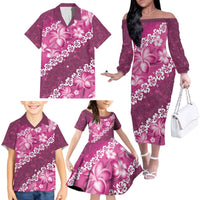 Vintage Pink Polynesia Family Matching Off The Shoulder Long Sleeve Dress and Hawaiian Shirt Plumeria With Hibiscus Tropical Vibes